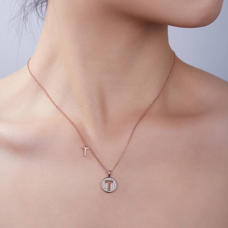 T pendant S925 silver plated rose gold Moissanite diamond light luxury letter necklace